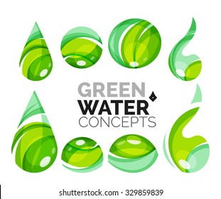 Set of abstract eco water icons, business logotype nature green concepts, clean modern geometric design. Created with transparent abstract wave lines