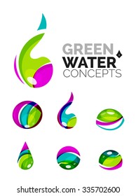 Set of abstract eco water icons, business logotype nature green concepts, clean modern geometric design. Created with transparent abstract wave lines