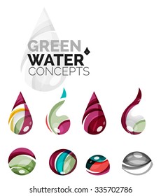 Set of abstract eco water icons, business logotype nature green concepts, clean modern geometric design. Created with transparent abstract wave lines