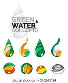 Set of abstract eco water icons, business logotype nature green concepts, clean modern geometric design. Created with transparent abstract wave lines