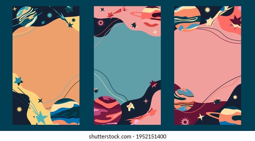 A set of abstract editable feed templates for stories and social networks, social media with abstract planets and stars. Vector cosmo frame for web posts, banners, news feeds.
