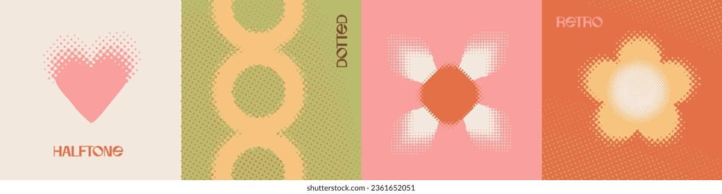 Set of abstract elegance retro halftone backgrounds with dotted simple elements. Square covers in 70s vintage style. Vector illustration.