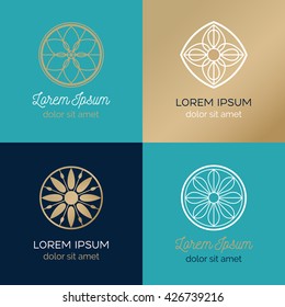 Set of abstract elegant flower vector sign template. Modern linear style logo - beauty, nature, luxury concepts design.