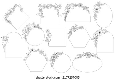 Set abstract elegant line art flower and leaf frame. Continuous boho line art silhouette of floral artwork. Outline Modern Design concept.