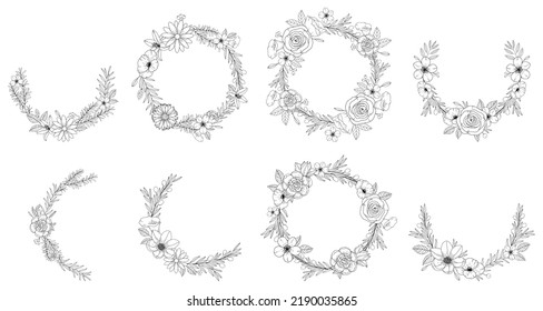 Set abstract elegant line art flower and leaf wreath. Continuous boho line art silhouette of floral artwork. Outline Modern Design concept.