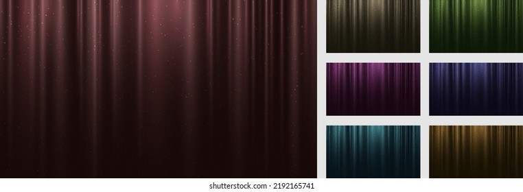 Set of abstract elegant red, green, gold, blue, pink fabric curtain background with dust glitter light effect luxury style. Vector illustration