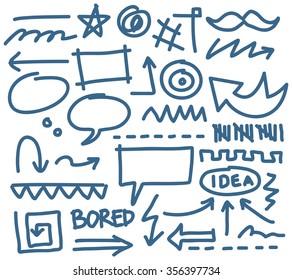 Set of abstract element in doodle style, square, line, dots, arrow sign, speech bubble, stroke   