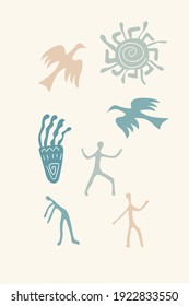 Set abstract elements, cave drawings, style of minimalism , hand drawn. Use for packaging, wallpaper, poster, room interior decor, design for textiles, postcard, concept, clipart, vector 