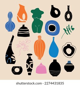 Set of abstract elements of decorative vases, flowers,statues.Decor of individual shapes.Abstract modern minimalist fashion vector illustration