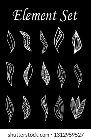 Set of abstract elements, leaves for design and decor, stock vector illustration in white line color, isolated on black background.