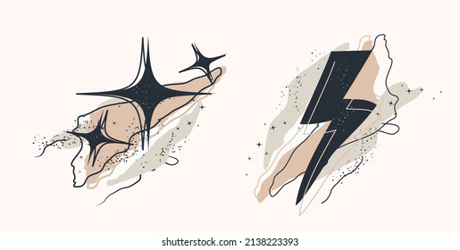 a set of abstract elements:  lightning,  star. hand-drawn organic line, dot. isolated banner inside. minimalism, boho art style. for paper, print, banner, postcard. art vector  illustration