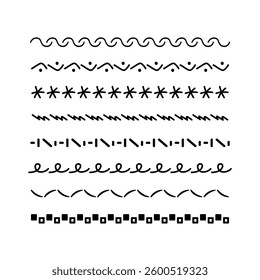 Set abstract elements in line. Ornamental wavy zigzag lines, diverse, emphasizes. Geometric decor element, divider, separator and graphic element. Vector icons set isolated on white background.