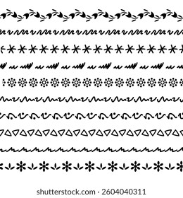 Set abstract elements in line. Ornamental wavy zigzag lines, diverse, emphasizes. Geometric decor element, divider, separator and graphic element. Vector icons set isolated on white background.