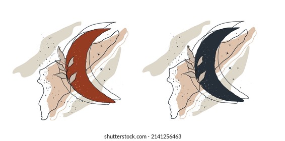 a set of abstract elements: moon, star. hand-drawn organic line, dot. isolated banner inside. minimalism, boho art style. for paper, print, banner, postcard. art vector illustration