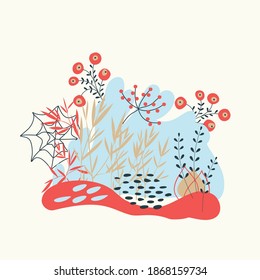 Set of abstract elements, plants, leaves, shapes, flowers  in  Scandinavian style, hand drawn. Composition, clipart,  concept, banner, postcard, vector illustration.