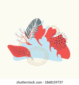 Set of abstract elements, plants, leaves, shapes, flowers  in  Scandinavian style, hand drawn. Composition, clipart,  concept, banner, postcard, vector illustration.