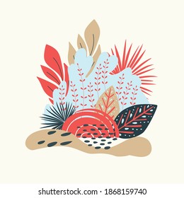 Set of abstract elements, plants, leaves, shapes, flowers  in  Scandinavian style, hand drawn. Composition, clipart,  concept, banner, postcard, vector illustration.