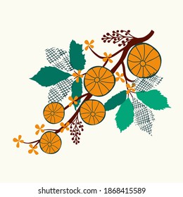 Conjunto de elementos abstractos, plantas, hojas, texturas, formas, flores, naranja, dibujado a mano. Composición, clipart, concepto, banner, postal, ilustración vectorial.