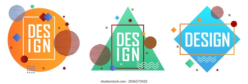 Set with abstract elements in retro style with design lettering on white background. Template for creative design use. Collection of geometric compositions. Flat cartoon vector illustration