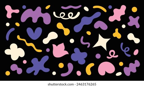 Set of abstract elements in a simple geometric style: stars, hearts, spirals, flowers, waves shapes in trendy retro 90s 00s theme. Groovy funky style, vector sticker pack 