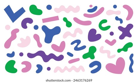 Set of abstract elements in a simple geometric style: stars, hearts, spirals, flowers, waves shapes in trendy retro 90s 00s theme. Groovy funky style, vector sticker pack 