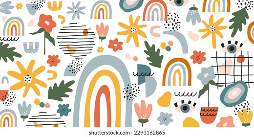 Set of abstract elements in vintage style. Rainbow, flowers and spots. Flat vector illustration. Eps10