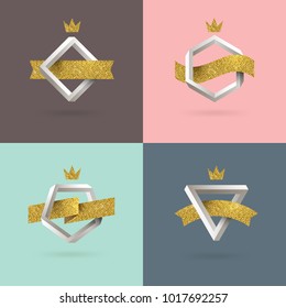 Set of abstract emblem with impossible shape and glitter gold ribbon. Vector illustration.
