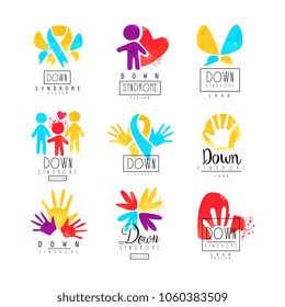 Set of abstract emblems with ribbons, humans and hands. Logos for medical centers. For invitation, charitable fund or postcard for Autism Awareness Day