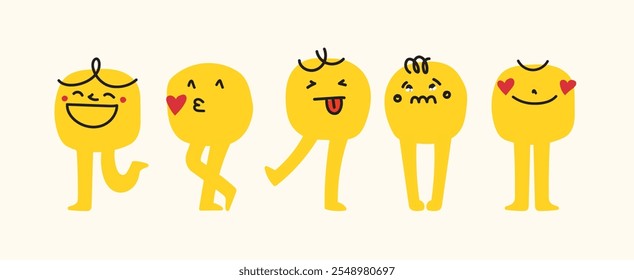 Conjunto de iconos de doodle de emoticonos abstractos. Iconos de contorno de emoji con patas. Iconos de sonrisa de dibujos animados. Emoticono de pegatinas. Iconos planos de Vector para redes sociales.