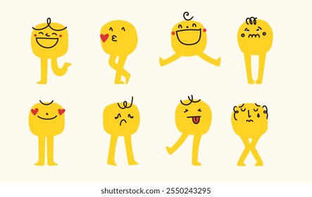 Conjunto de iconos de doodle de emoticonos abstractos. Iconos de contorno de emoji con patas. Iconos de sonrisa de dibujos animados. Emoticono de pegatinas. Iconos planos de Vector para redes sociales.