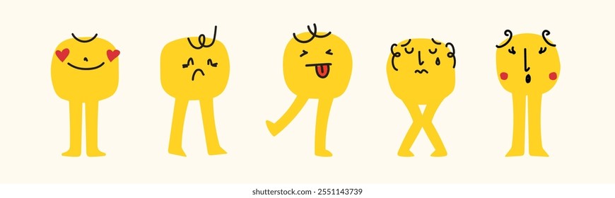 Set of abstract emoticons doodle icons. Emoji outline icons with legs. Smile icons cartoon. Stickers emoticon. Vector flat icons for social media.