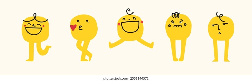 Conjunto de iconos de doodle de emoticonos abstractos. Iconos de contorno de emoji con patas. Iconos de sonrisa de dibujos animados. Emoticono de pegatinas. Iconos planos de Vector para redes sociales.