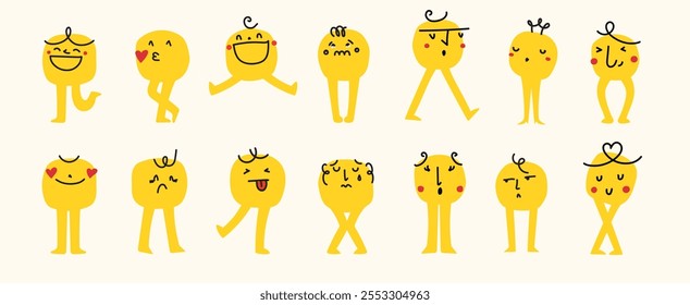 Set of abstract emoticons doodle icons. Emoji outline icons with legs. Smile icons cartoon. Stickers emoticon. Vector flat icons for social media.