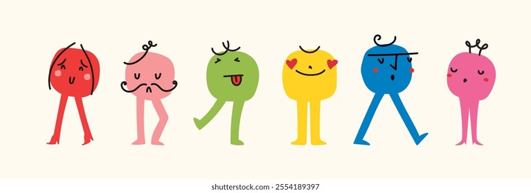 Set of abstract emoticons doodle icons. Emoji outline icons with legs. Smile icons cartoon. Stickers emoticon. Vector flat icons for social media.
