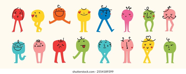 Set of abstract emoticons doodle icons. Emoji outline icons with legs. Smile icons cartoon. Stickers emoticon. Vector flat icons for social media.