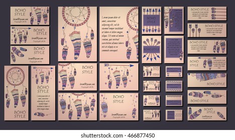 Set of abstract ethnic flyers with arrows, dreamcatcher, feather frames. Boho design brochure and business card templates.