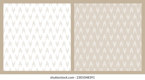 Set of Abstract Ethnic Seamless Patterns. Double triangles Wallpaper. Check mark. Boho Herringbone pattern. Tribal Geometric beige white color Background.