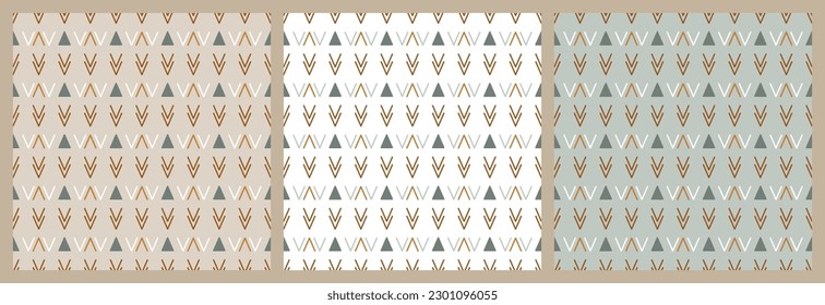 Set of Abstract Ethnic Seamless Patterns. Triangles and Double Check marks. Boho Herringbone pattern. Tribal Geometric Background. Earth color Wallpaper