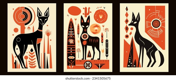 Set of abstract ethnic style fox, coyote in simple shapes design, retro, vintage vector illustration. Geometric, unique style art. Black, red colors. For poster, card, banner, postcard, decoration.