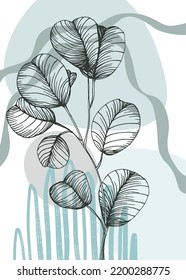 Conjunto de ilustraciones abstractas de Eucalyptus Pintadas para la Decoración de Paredes, flor minimalista en forma de boceto. Postcard, Banner de medios sociales, Fondo de diseño de portada de folletos. Pintura Resumen Moderna.