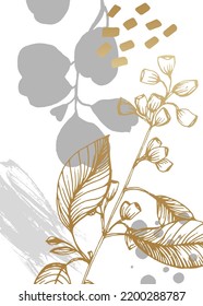 Set of Abstract Eucalyptus Hand Painted Illustrations for Wall Decoration, minimalist flower in sketch style. Postcard, Social Media Banner, Brochure Cover Design Background. Modern Abstract Painting.