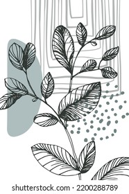 Set of Abstract Eucalyptus Hand Painted Illustrations for Wall Decoration, minimalist flower in sketch style. Postcard, Social Media Banner, Brochure Cover Design Background. Modern Abstract Painting.