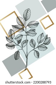 Set of Abstract Eucalyptus Hand Painted Illustrations for Wall Decoration, minimalist flower in sketch style. Postcard, Social Media Banner, Brochure Cover Design Background. Modern Abstract Painting.
