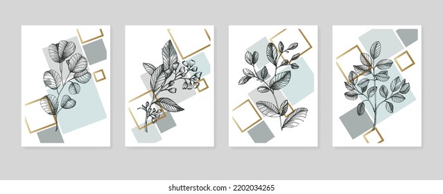 Conjunto de ilustraciones abstractas de Eucalyptus Pintadas para la Decoración de Paredes, flor minimalista en forma de boceto. Postcard, Banner de medios sociales, Fondo de diseño de portada de folletos. Pintura Resumen Moderna.