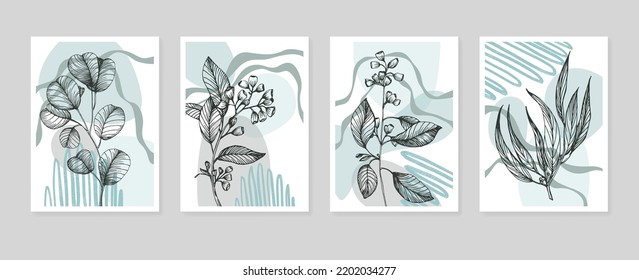Set von abstrakten Eukalyptus Handgemalten Illustrationen für die Wanddekoration, minimalistische Blume im Skizzenstil. Postkarte, Social Media Banner, Broschüre Cover Design Hintergrund. Moderne abstrakte Malerei.