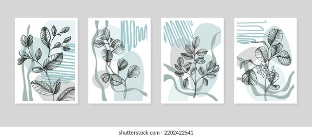 Set of Abstract Eucalyptus Hand Painted Illustrations for Wall Decoration, minimalist flower in sketch style. Postcard, Social Media Banner, Brochure Cover Design Background. Modern Abstract Painting.