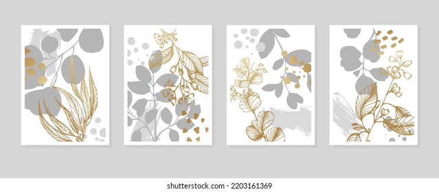 Set of Abstract Eucalyptus Hand Painted Illustrations for Wall Decoration, minimalist flower in sketch style. Postcard, Social Media Banner, Brochure Cover Design Background. Modern Abstract Painting.