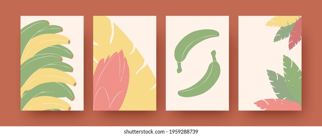 Set of abstract exotic botanical shapes in pastel colors. Minimal banana fruit and leaves templates in retro background. Tropical and healthy food concept for social media, postcards, invitation cards