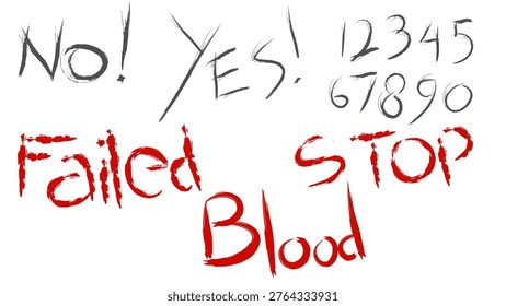 Set of Abstract Expressive Hand Drawn Scribble Typography with Failed Stop and Blood Text, Modern Minimalist Vector Brush Stroke Lettering for Dramatic Poster Design and Urban Graphic Elements