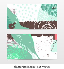 Set of abstract expressive web banners, green spring theme, popular horizontal web size